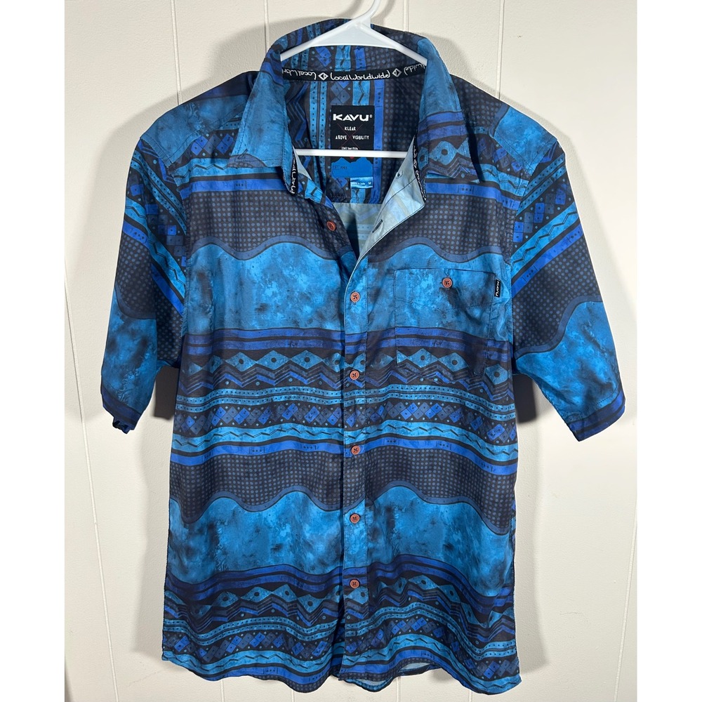 KAVU Mens Blue Geometric Wave Print Short Sleeve Button Down Shirt Size Medium